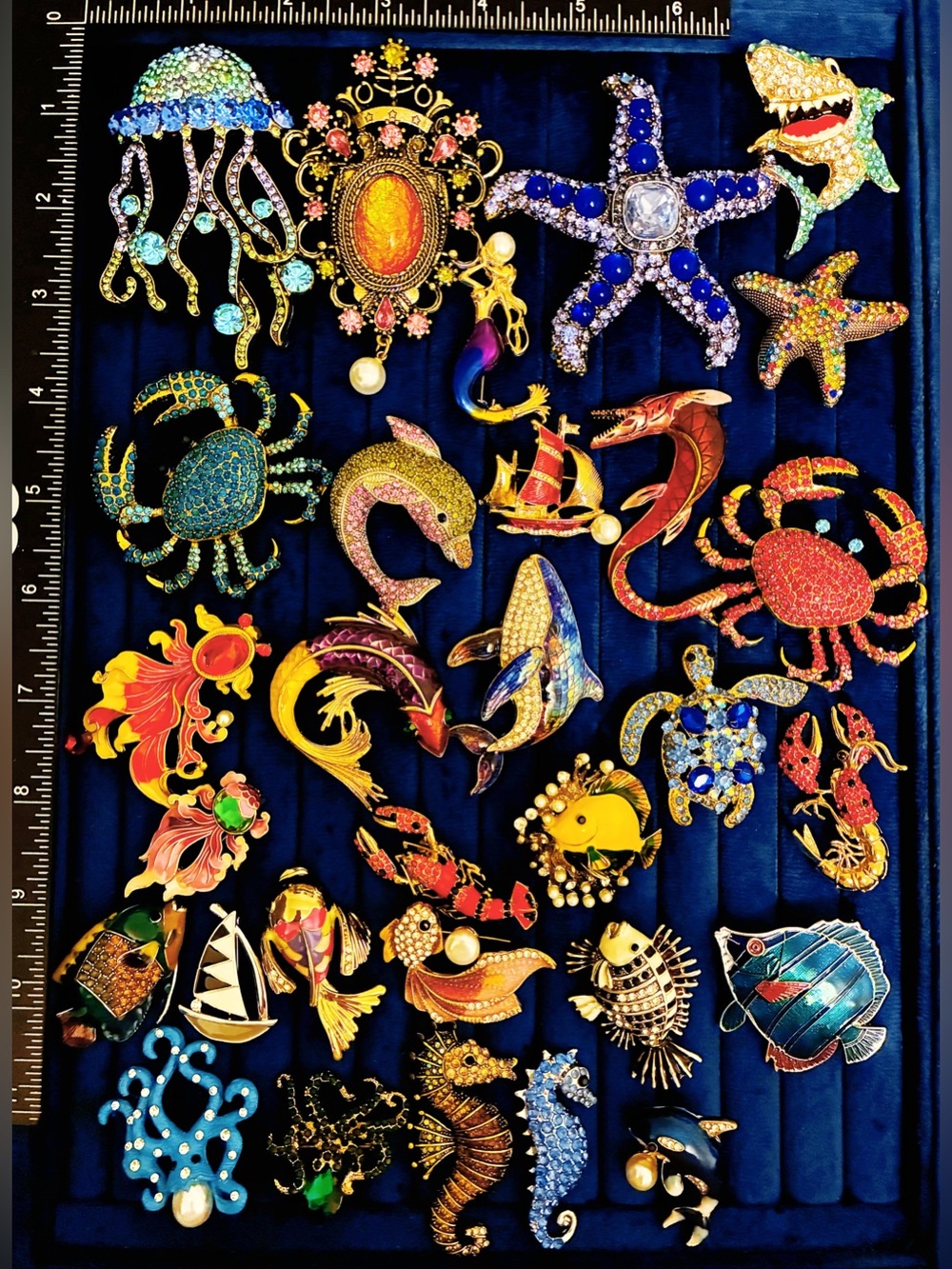 30pc Ocean Nautical Brooch Lot Rhinestone Jellyfish Crab Whale Starfish Pin